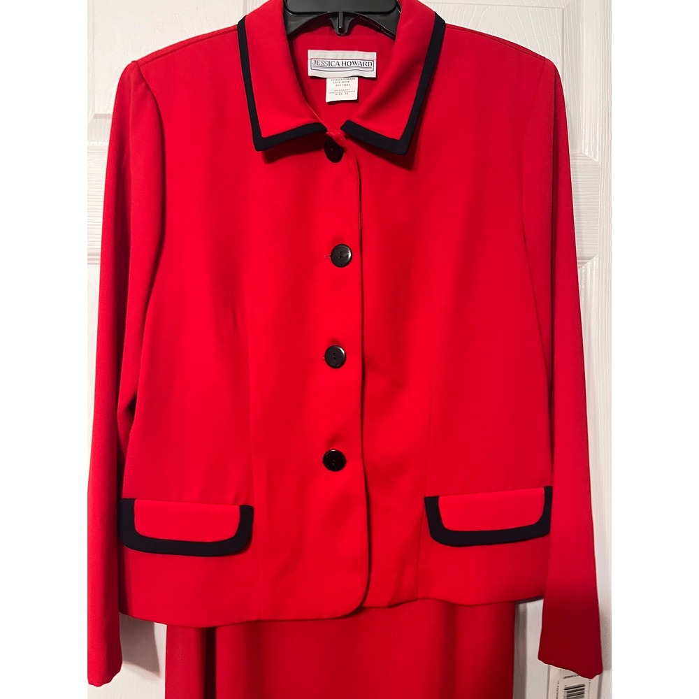 Jessica Howard Red Navy Blue 2 Piece Dress Suit Set Jacket Maxi Dress 12 NEW - Picture 2 of 9